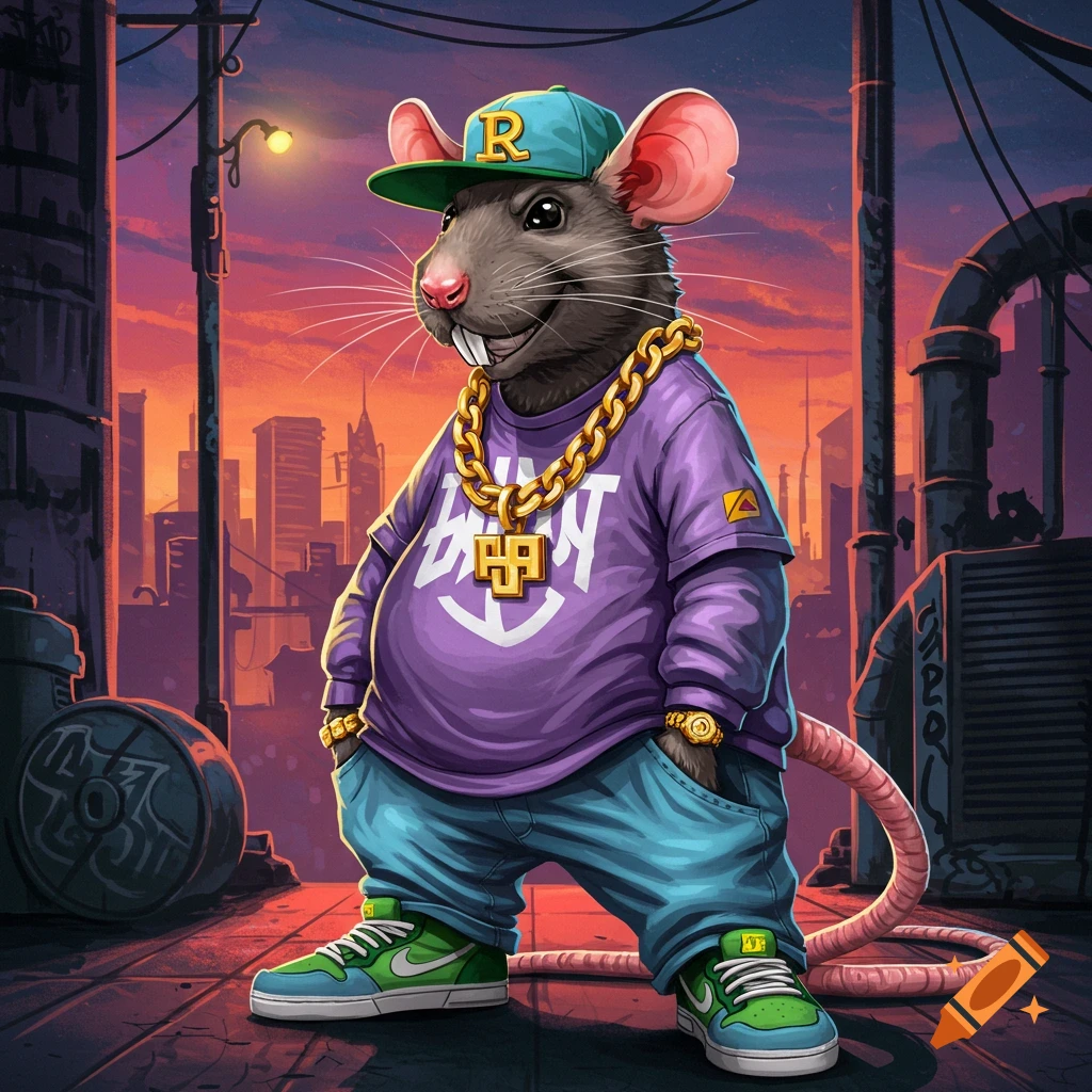 A rat wearing a backwards cap, gold chain, and sagging clothes in an urban alley.
