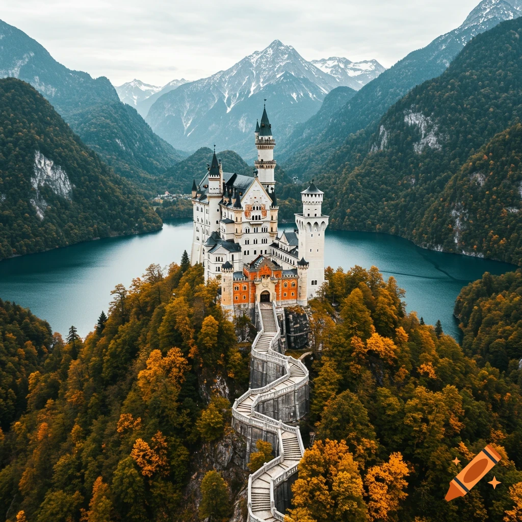 Photorealistic image of a white castle on a mountain with a winding staircase overlooking a lake, surrounded by mountains and autumn trees.