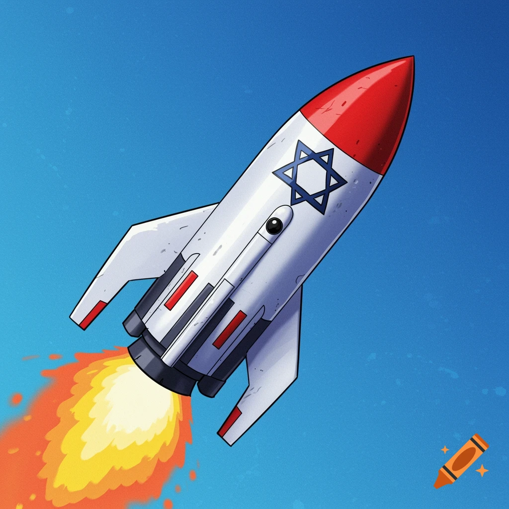 A cartoon rocket with a Star of David blasts off into a blue sky.