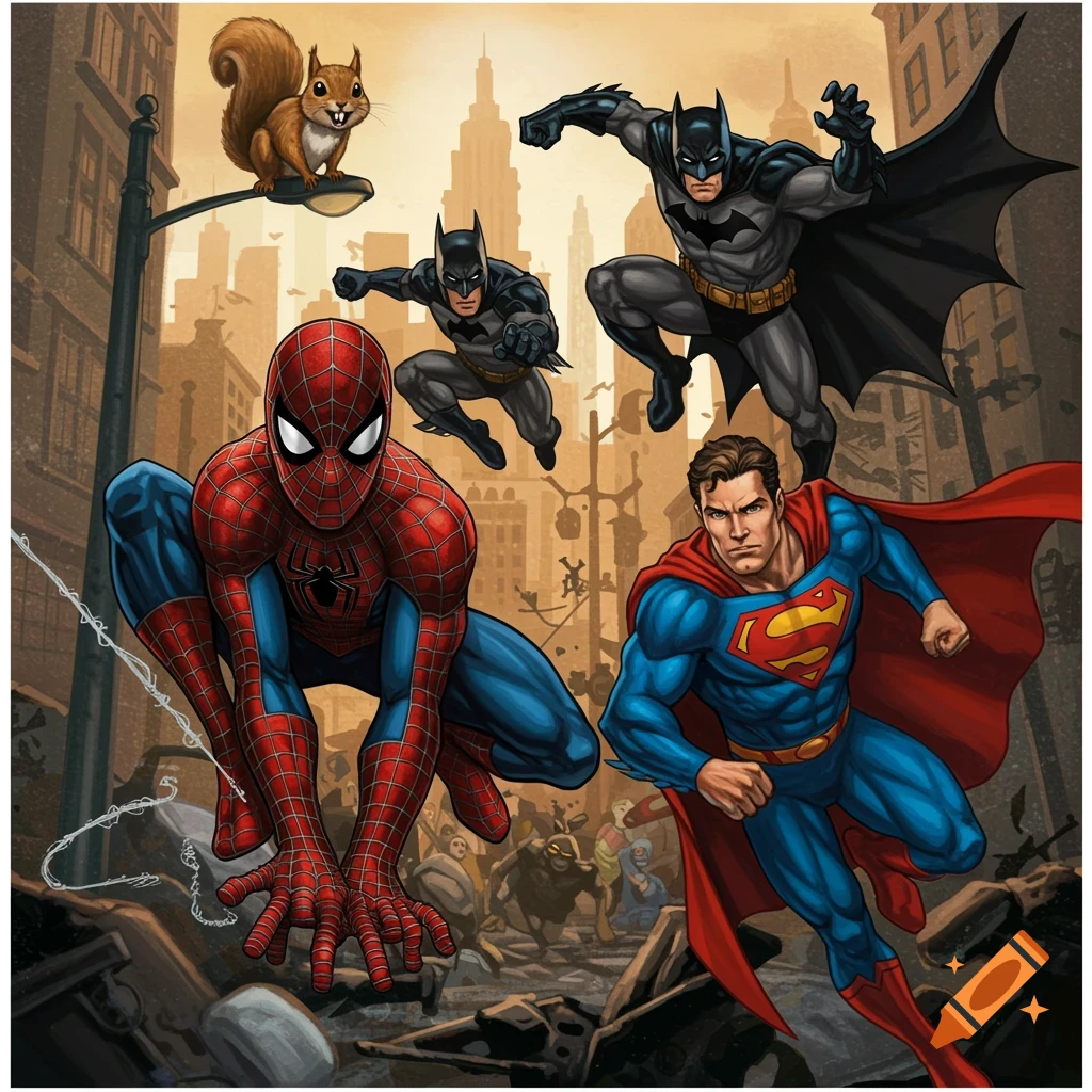 Comic book style illustration of Spider-Man, Superman, and two Batmen in action poses with a squirrel and cityscape background.