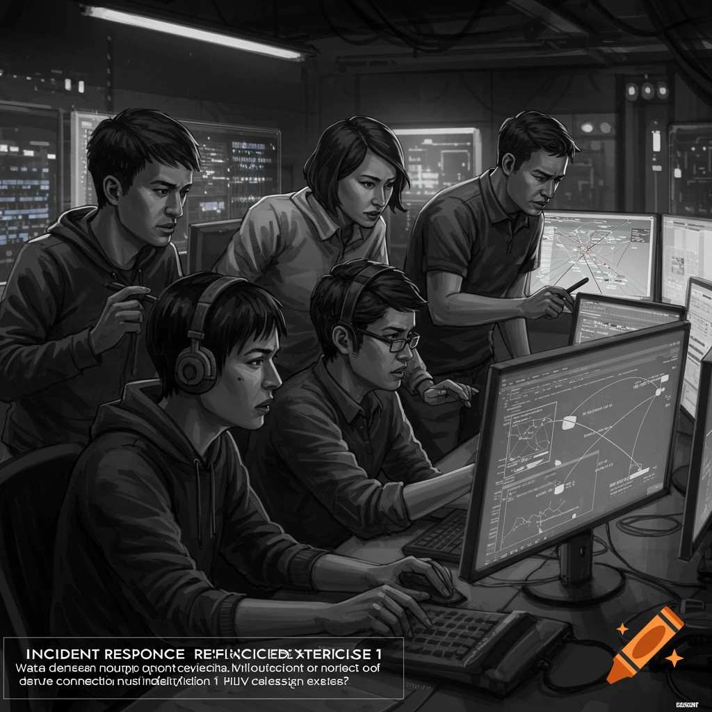 A group of five individuals are engrossed in their work on computers within a dimly lit technical room.