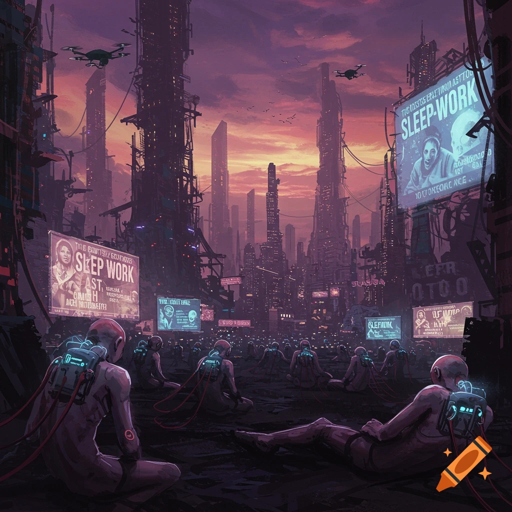 People plugged into machines in a futuristic dystopian city at sunset.