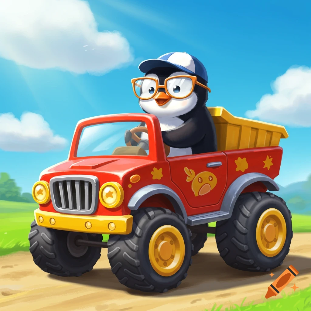 Cartoon penguin in a red monster truck