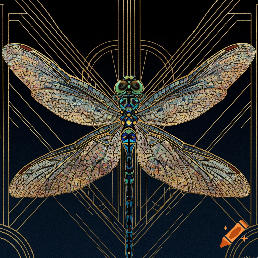 Art Deco image of a dragonfly with stained glass wings on a dark geometric background.