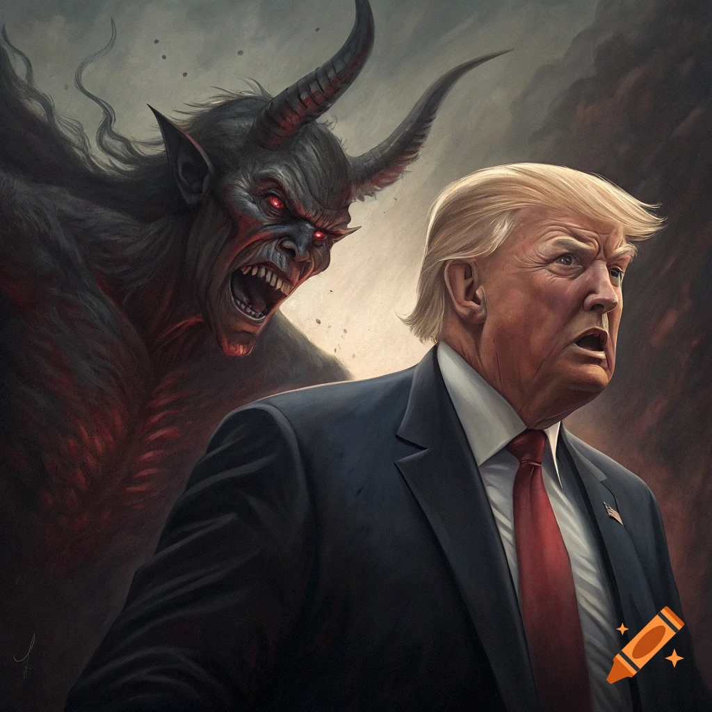 A dark fantasy illustration shows a demon with glowing red eyes behind Donald Trump.