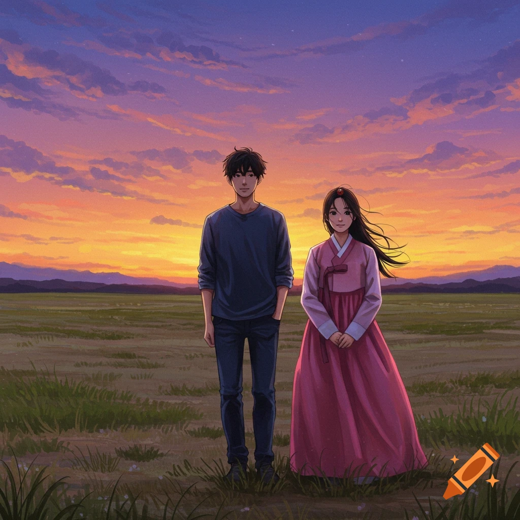 A Korean man and woman in a field at sunset
