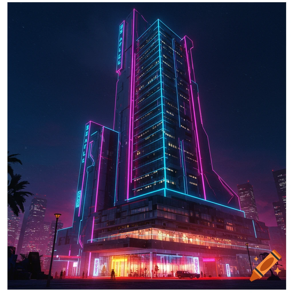 A futuristic skyscraper with blue and pink neon lights stands tall in a dark city night.