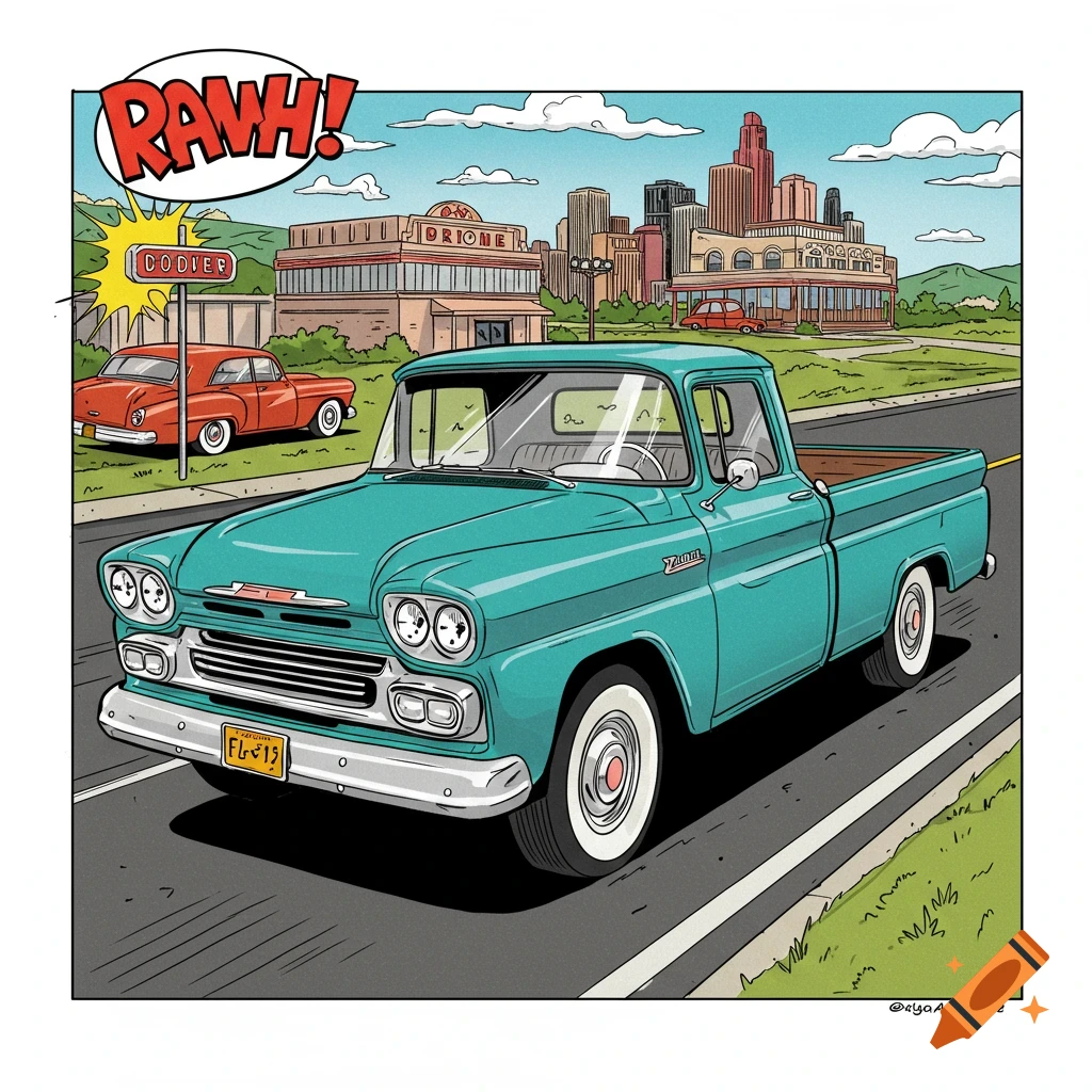 Teal vintage pickup truck drives on a street in a comic book style scene.