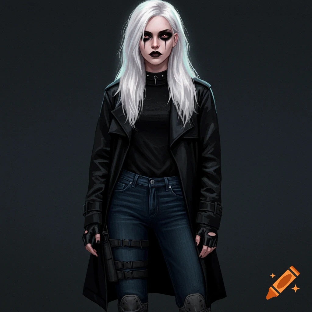 A woman with white hair and dark makeup wears a black trench coat and tactical gear.