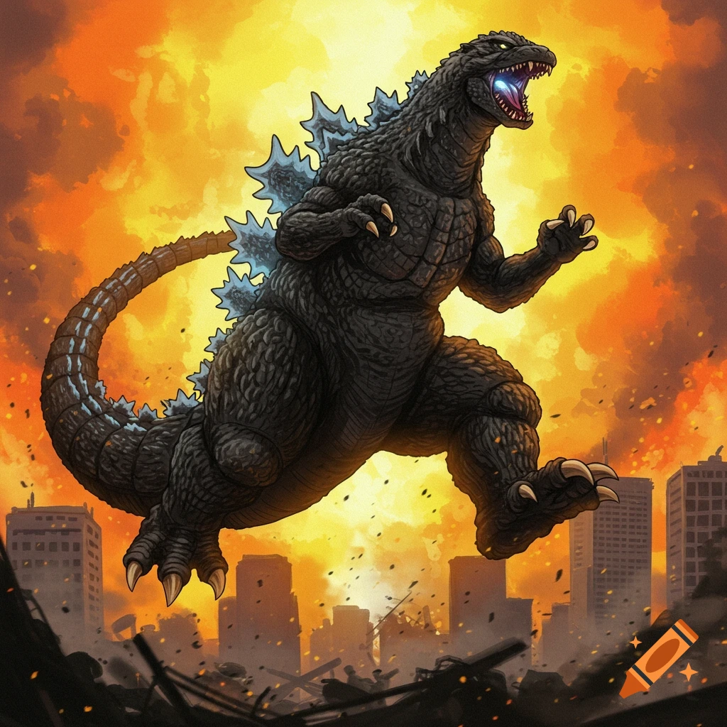 Godzilla jumping over a destroyed city with explosions in the background.
