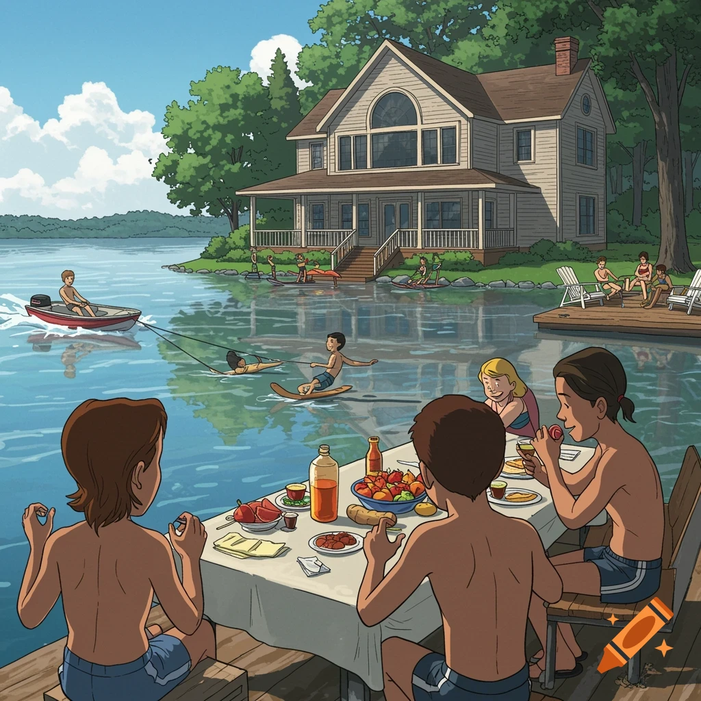 Animated illustration of a lake house party with people water skiing, swimming, and eating.