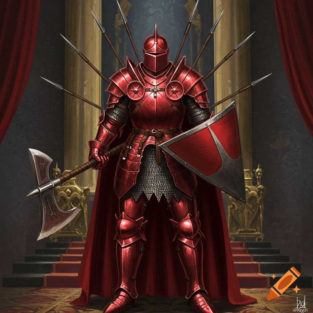 A knight in red armor standing in a throne room with a battle axe and shield.