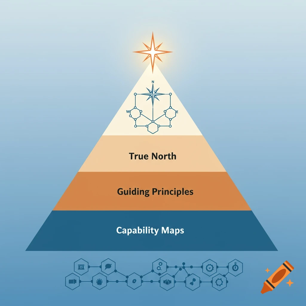 A pyramid diagram with three tiers labeled True North, Guiding Principles, and Capability Maps, topped with a star-like compass.