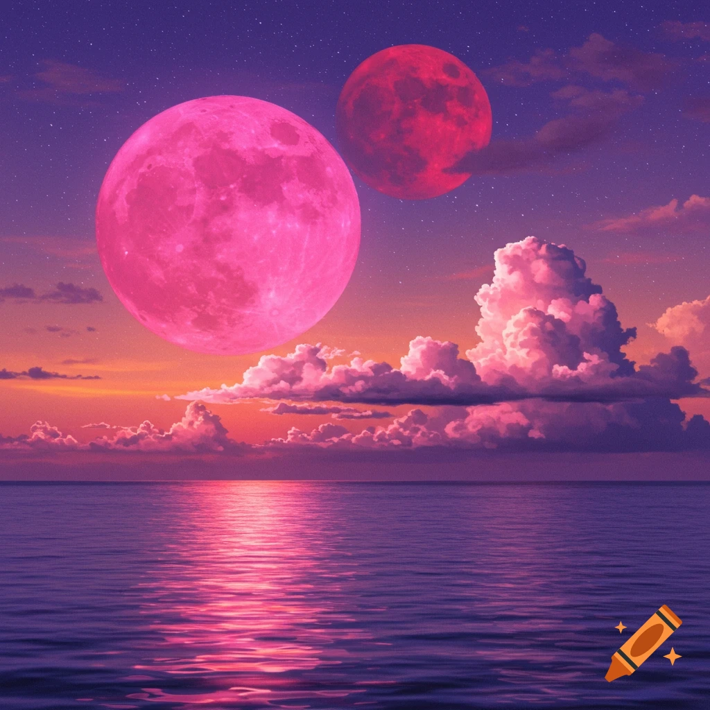 Pink and red moons hang in a vibrant sky over the ocean at sunset with fluffy clouds.