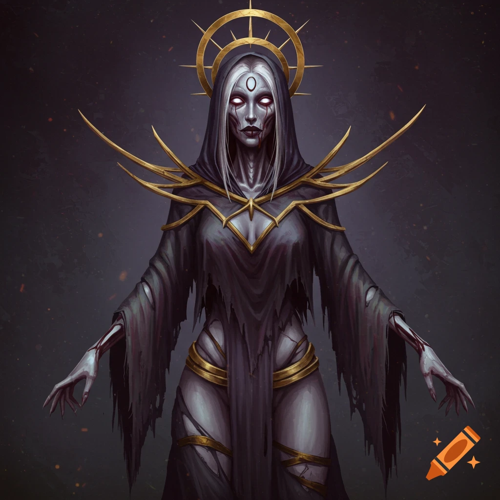 An undead priestess with glowing eyes, tattered robes, and gold accents.
