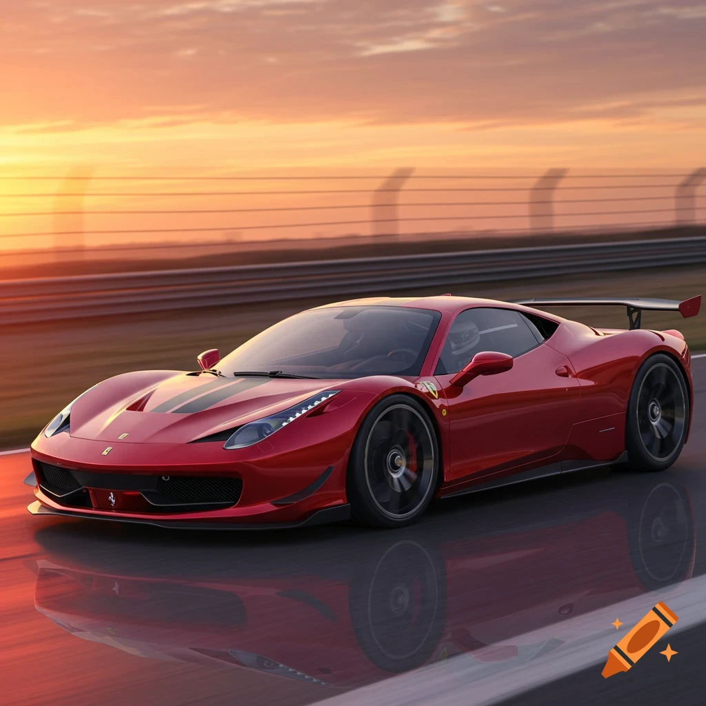 Red sports car on a track at sunset