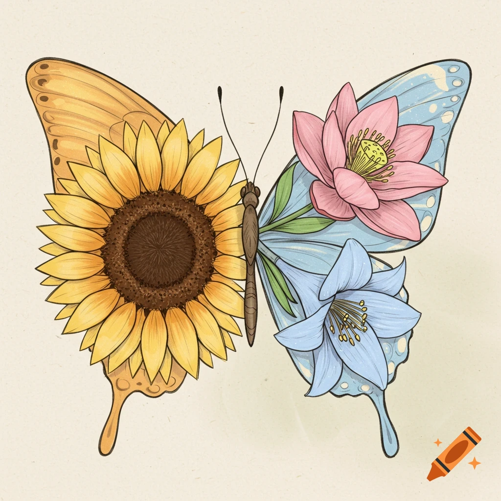 A drawing of a butterfly with a sunflower on one wing and a lotus and lily on the other.