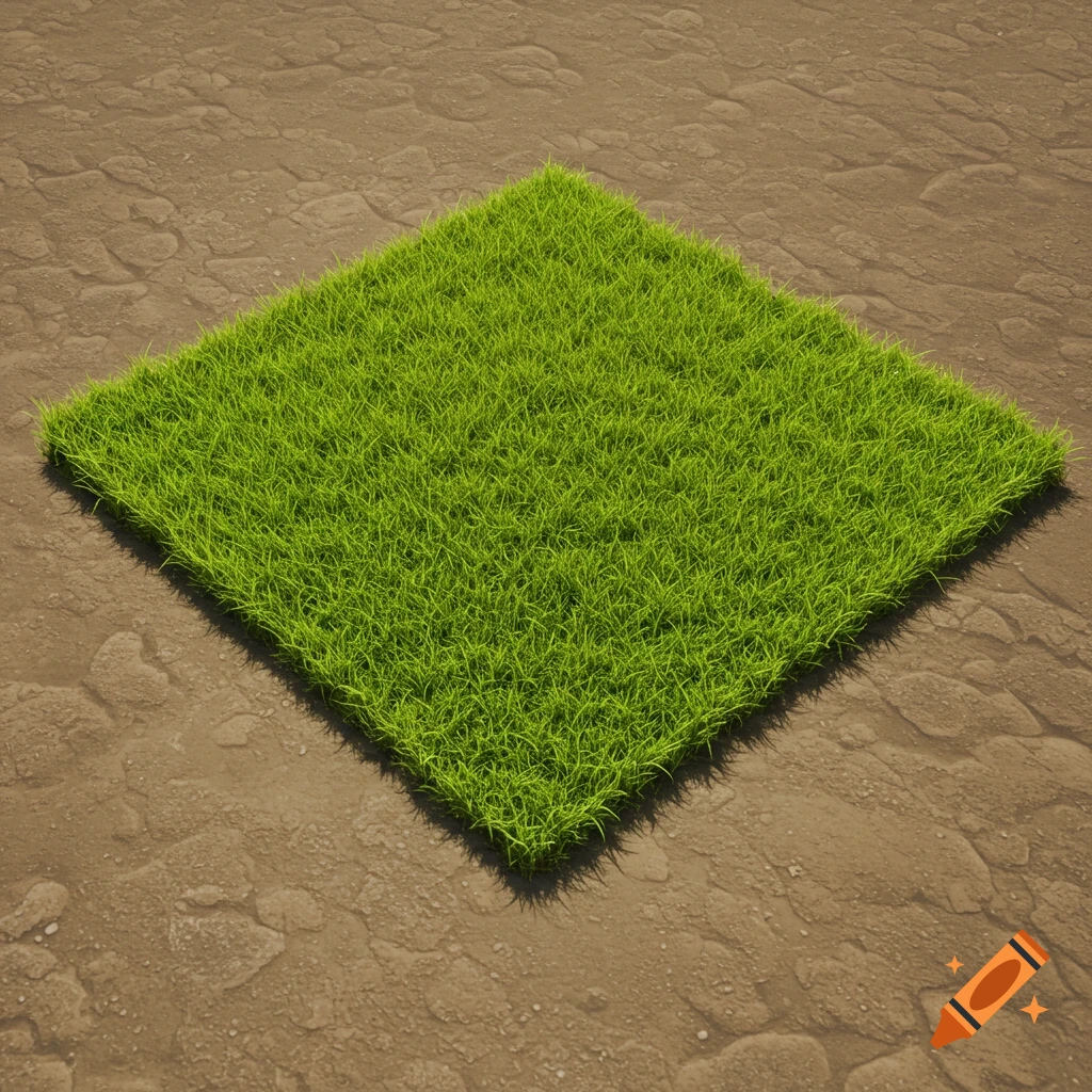 A square patch of bright green grass sits on textured brown ground.