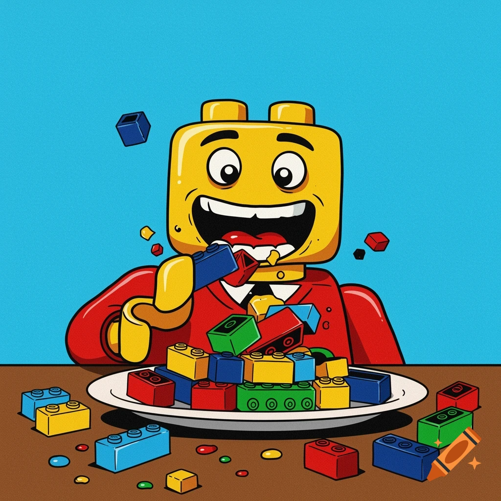 A cartoon Lego figure is eating colorful Lego bricks from a plate. The style is pop art.