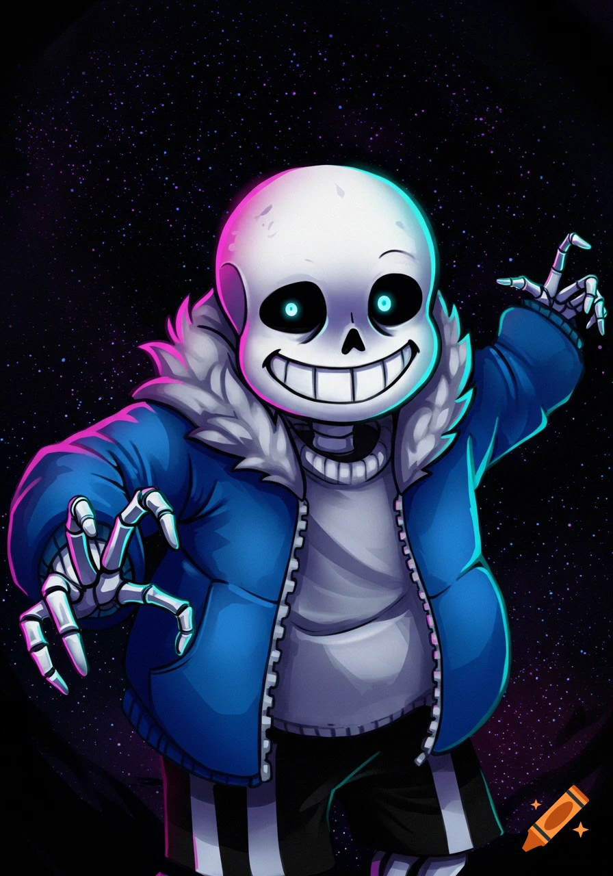 Sans the skeleton from Undertale smiling, wearing a blue jacket, against a starry background