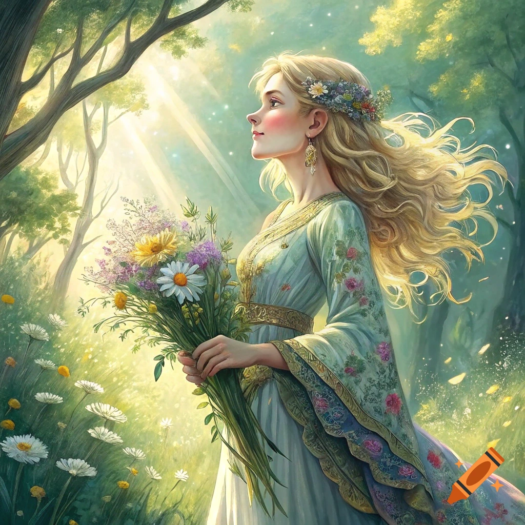 A woman in a floral dress holds a bouquet of flowers in a sunlit forest, fantasy art.