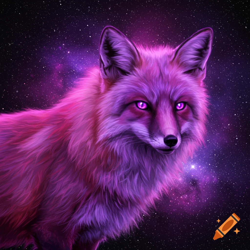 A purple fox with glowing eyes against a starry space background.