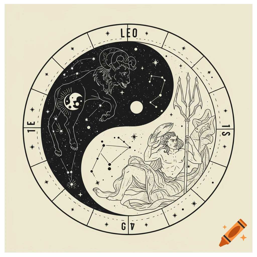 Minimalist black and cream Yin-Yang with zodiac signs Leo and Aquarius, line drawing style.