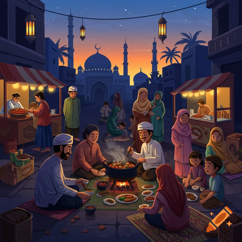 People eating together in a street scene at night with mosque in background