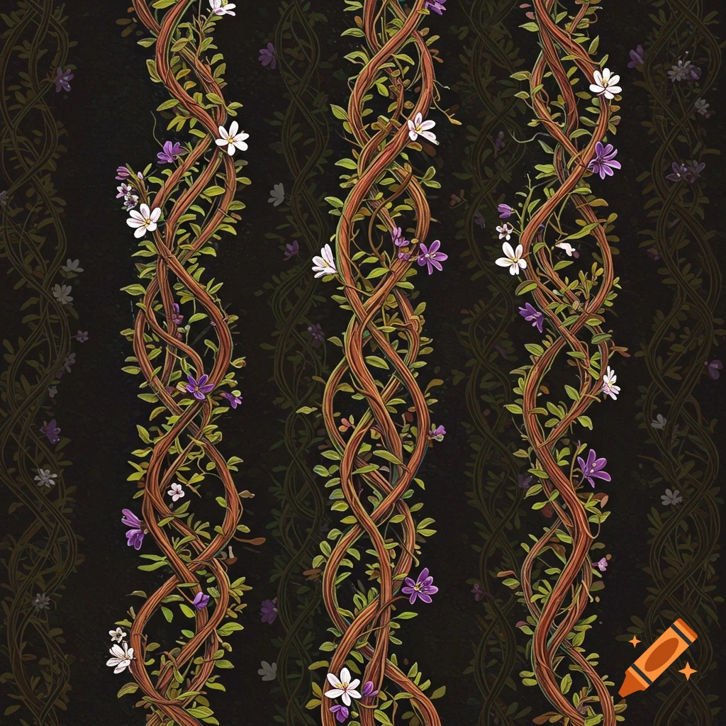 Intertwined vines with leaves and white and purple flowers on a dark background.