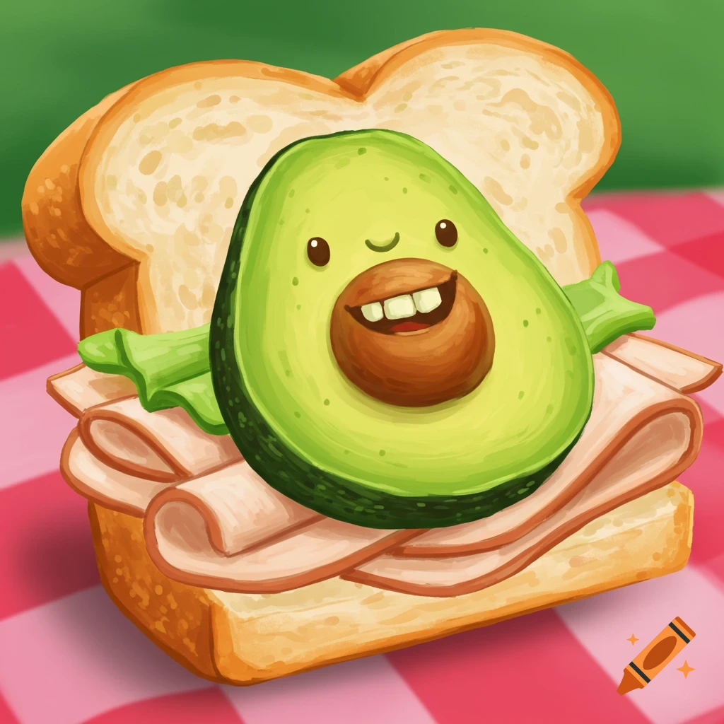 A funny cartoon avocado character sitting on a turkey sandwich.