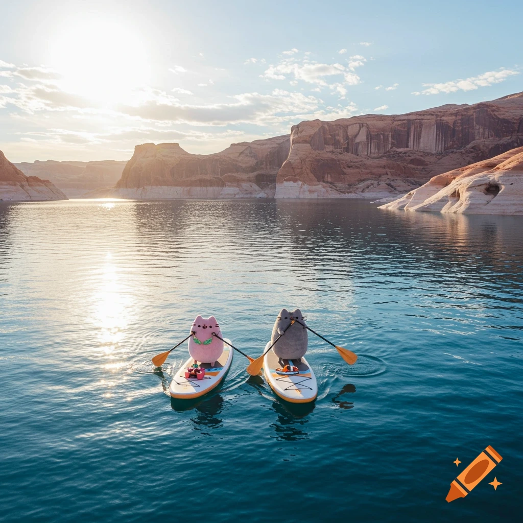 Two stuffed cat toys paddleboard on a lake with dramatic cliffs and a sunset.