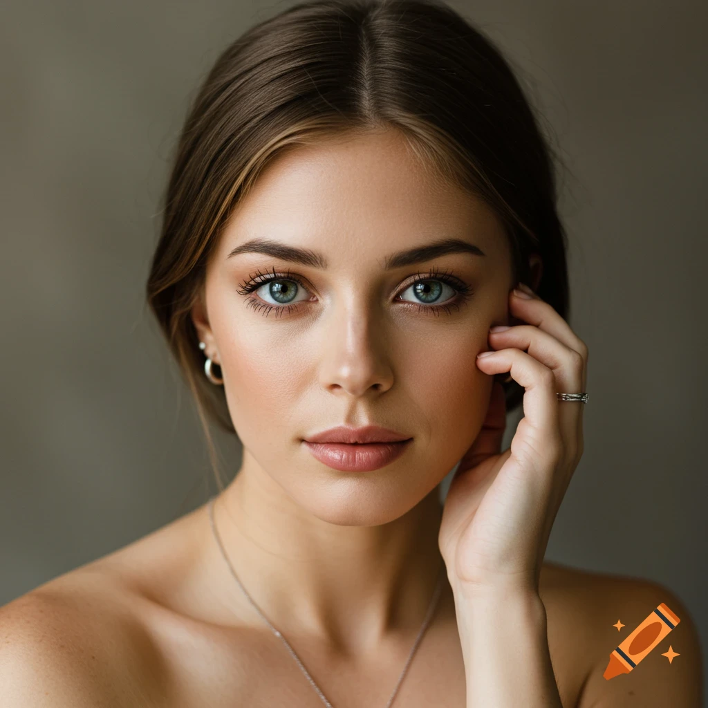 Close-up portrait of a woman with green eyes in a professional studio style with soft lighting
