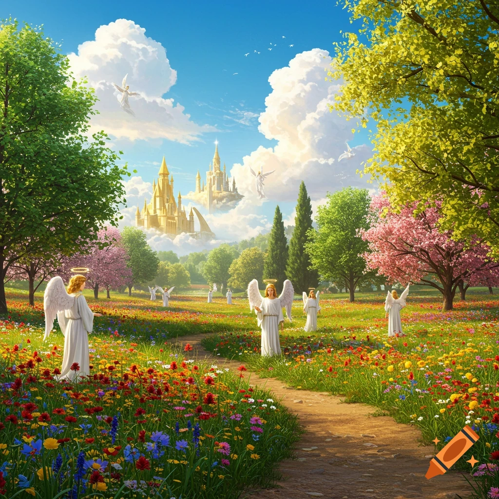 Angels in a field of wildflowers with floating golden castles in the sky.