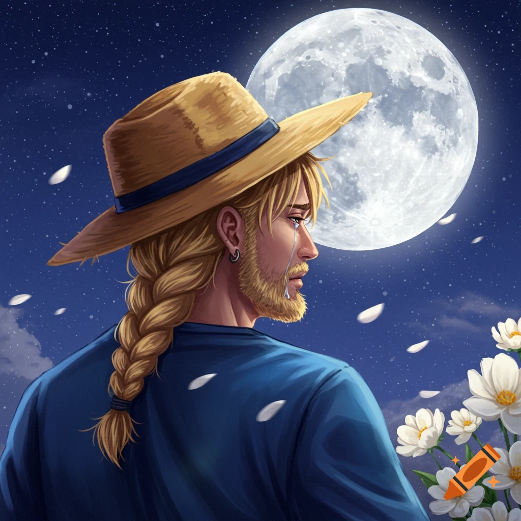 A man with a straw hat and blonde braid is crying while looking at a full moon with white flowers.