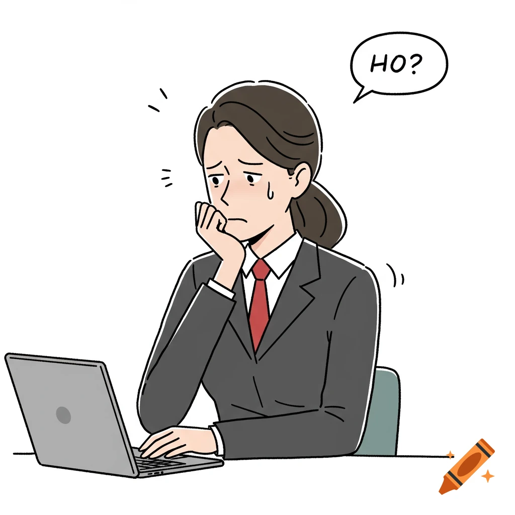 Cartoon illustration of a stressed businesswoman at a laptop with a speech bubble saying HO?