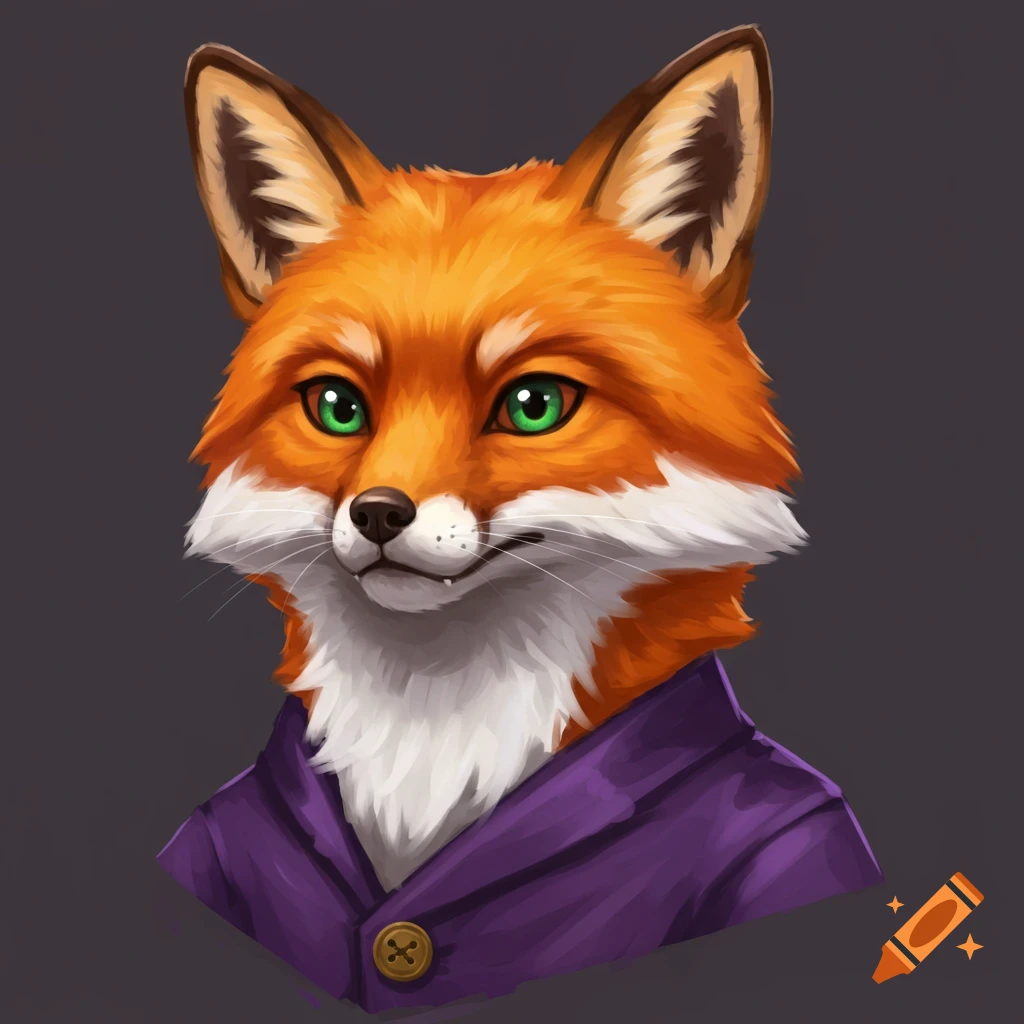 A red fox mascot wears a purple jacket.