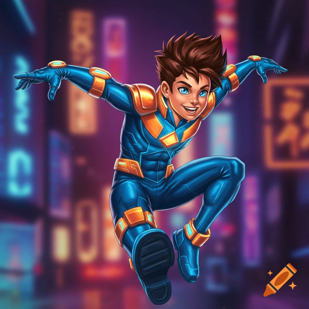 A young superhero in a blue and orange suit is shown leaping against blurred city lights.
