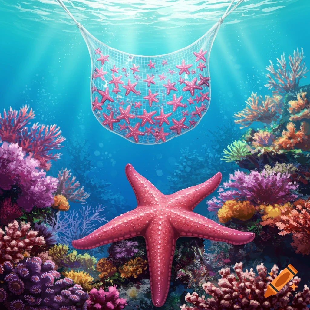 A large pink starfish is underwater below a net filled with smaller pink starfish, surrounded by colorful coral reefs.