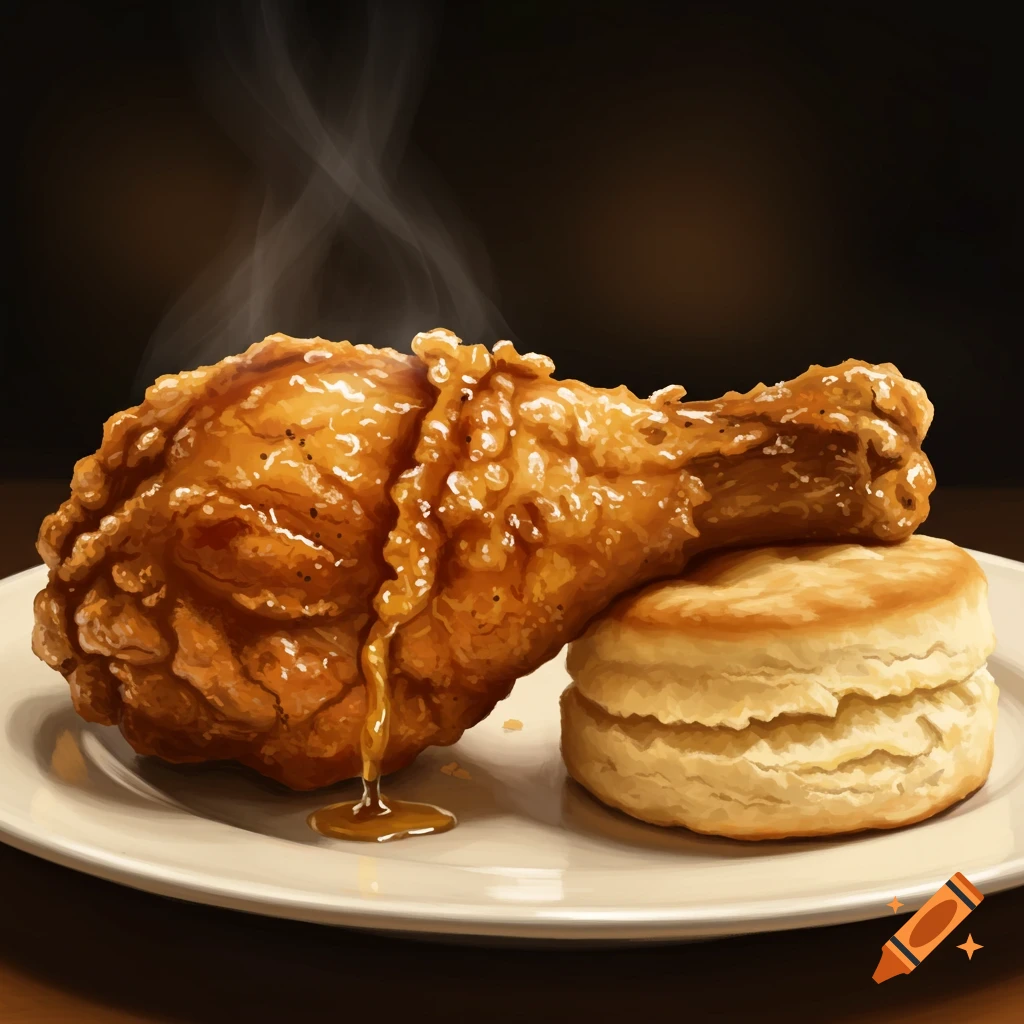 A close-up of a steaming fried chicken drumstick resting on a biscuit.