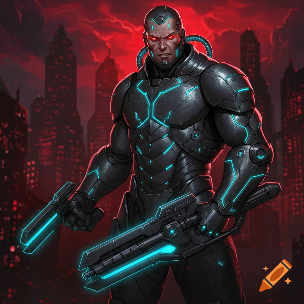 A futuristic supersoldier villain in black armor with glowing blue lights, holding weapons in a city under a red sky.