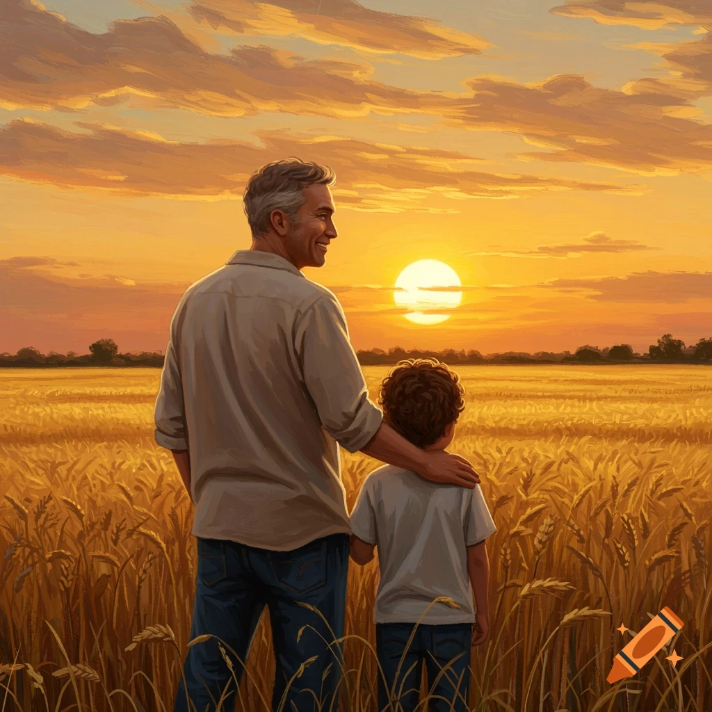 Father and son in a wheat field at sunset, painterly style.