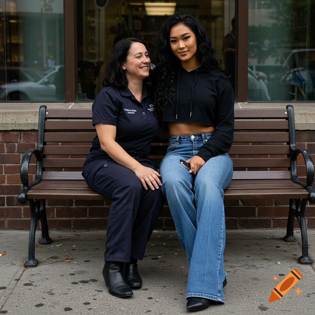 Two women, one in a uniform and one in casual clothes, sit on a bench outside a building. Photorealistic.