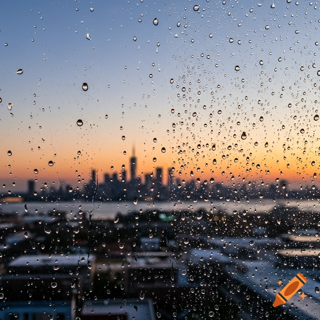 A cityscape silhouette at sunset viewed through a window covered in raindrops.