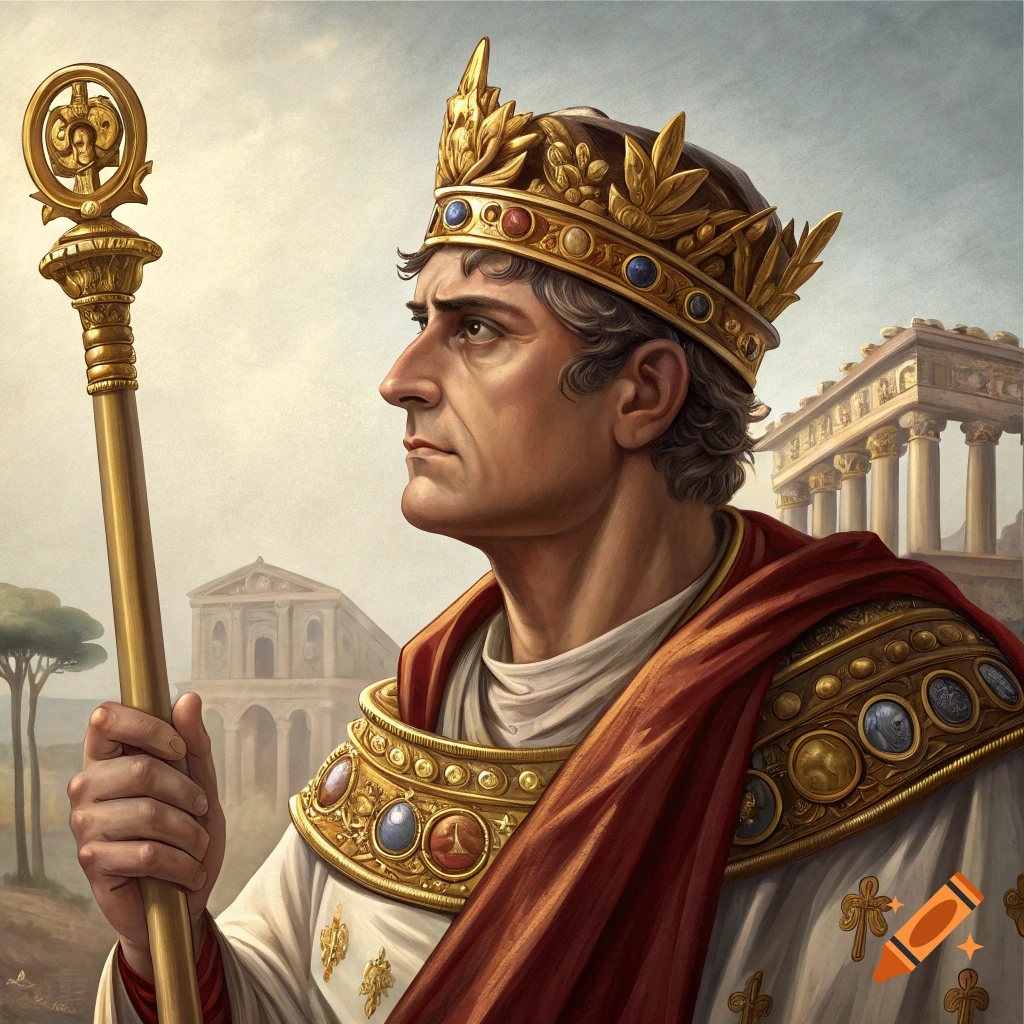 Portrait of Constantine the Great wearing a crown and robe, holding a scepter, with Roman architecture in the background.