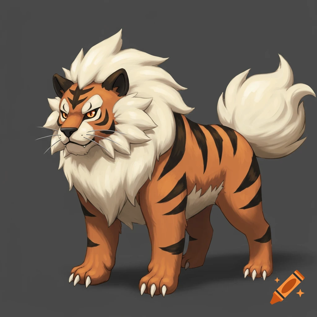 An illustration of a large orange and black striped creature with a white mane and tail, resembling a Pok
©mon.
