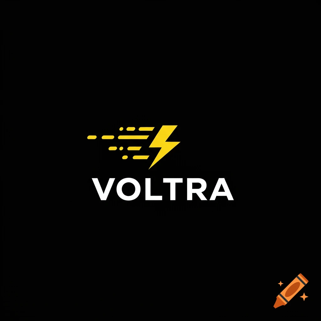 Minimalist logo with yellow lightning bolt icon and white text 'VOLTRA' on black background.