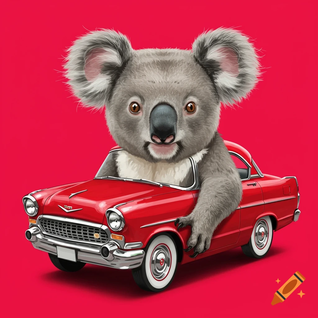 A koala driving a red convertible car on a red background.