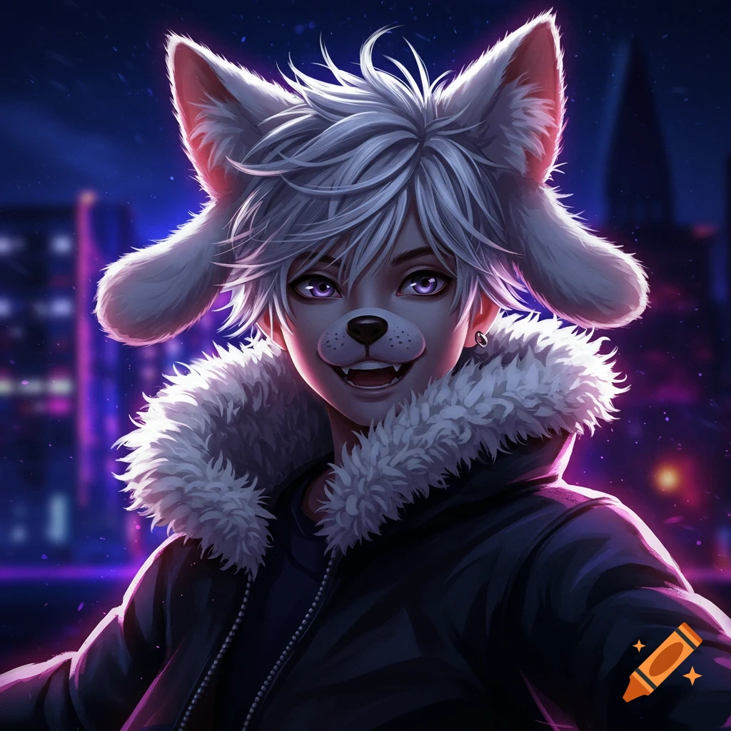 Anime style portrait of a male character with white messy hair, floppy dog ears, and a dog nose marking, wearing a black jacket with fur trim, against a blurred purple city night background.