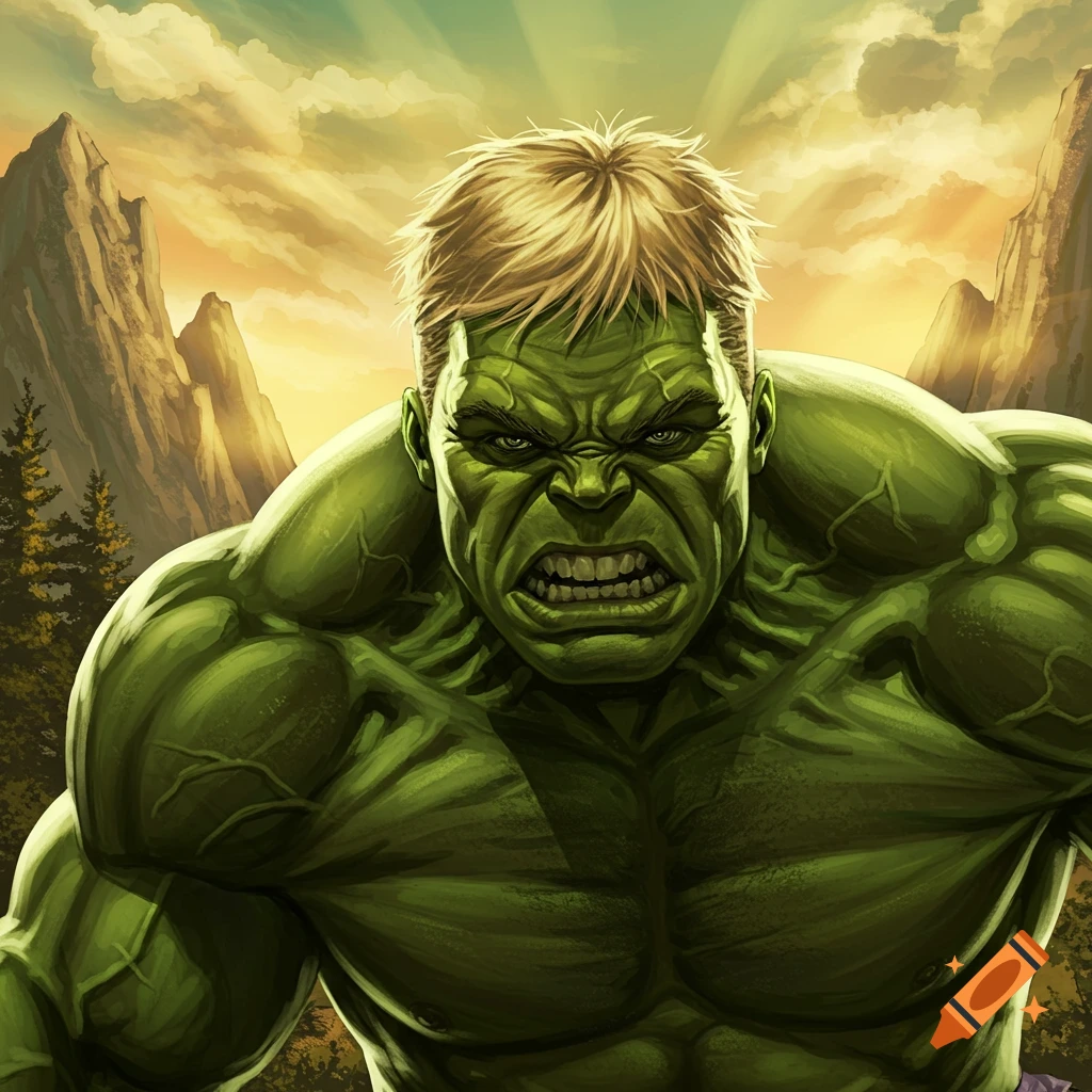 The Hulk with blond hair against a mountain sunset.