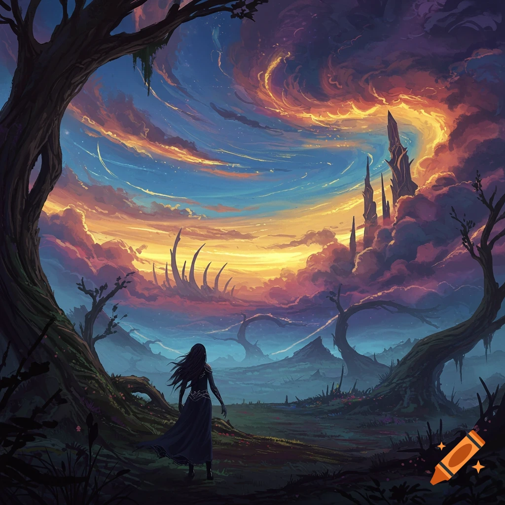 A lone figure in a dark dress looks at a dramatic, colorful sky over a fantasy landscape with spires.